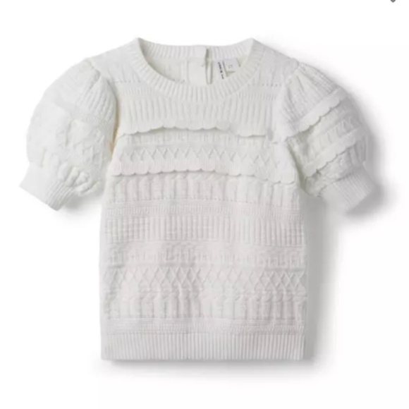 JANIE AND JACK KIDS GIRLS WHITE JET IVORY PUFF SLEEVE SCALLOP SWEATER TOP SZ 12 - Picture 1 of 10